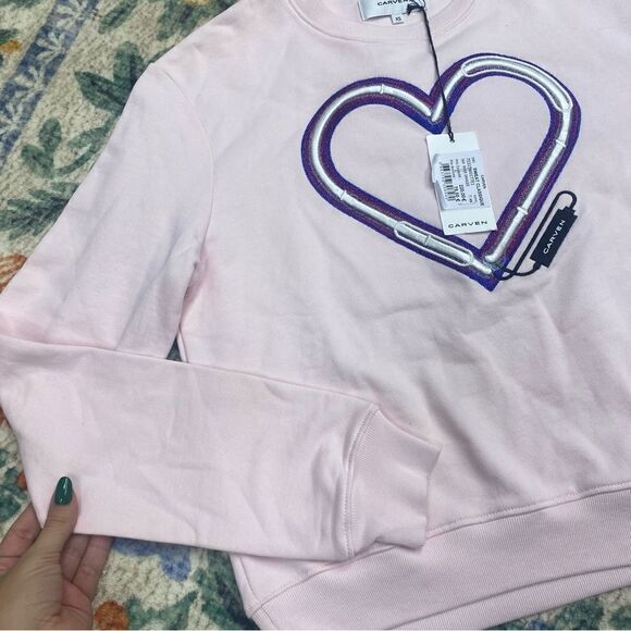 Carven Embroidered Heart Sweatshirt Sweater Pullover NWT XS Light Pink - Picture 2 of 8